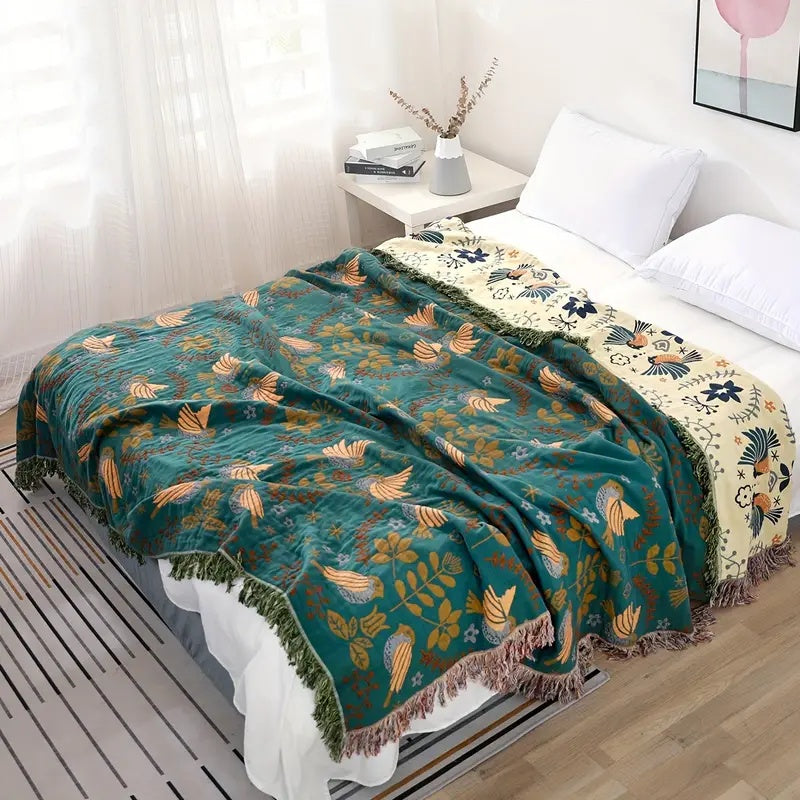 Plaid Réversible Style Scandinave Motifs Oiseaux