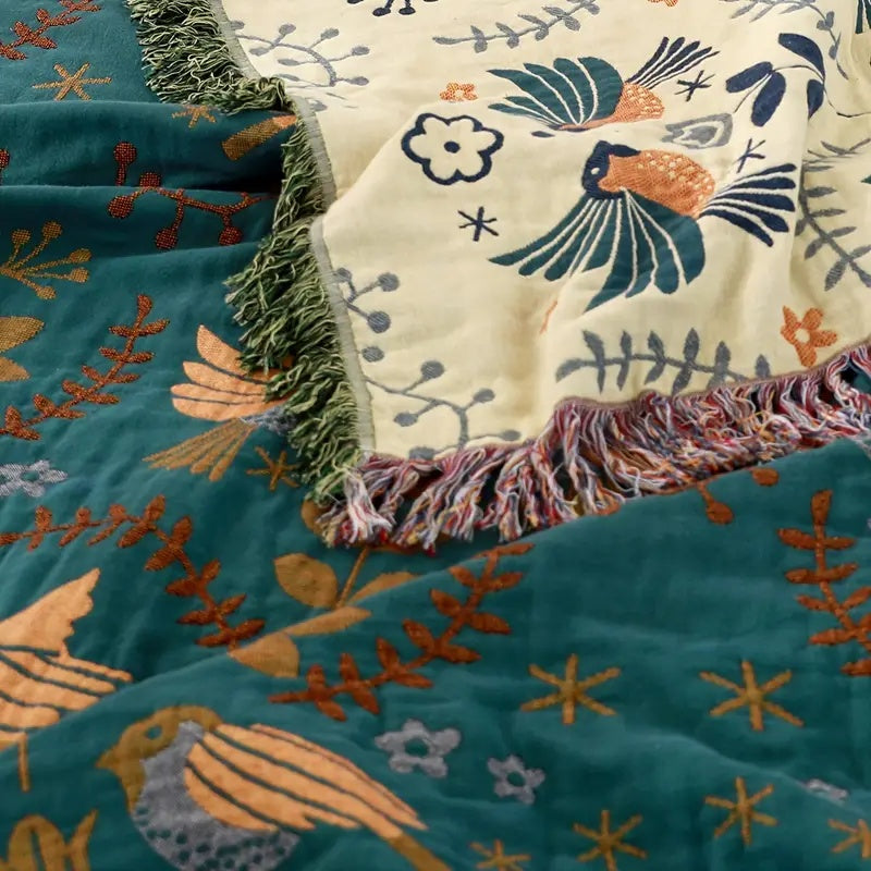 Plaid Réversible Style Scandinave Motifs Oiseaux