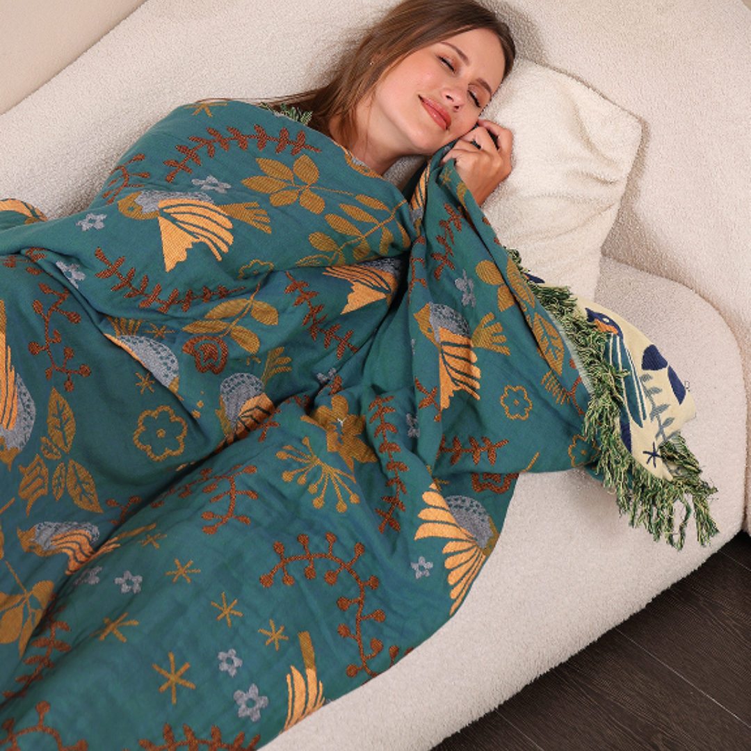 Plaid Réversible Style Scandinave Motifs Oiseaux
